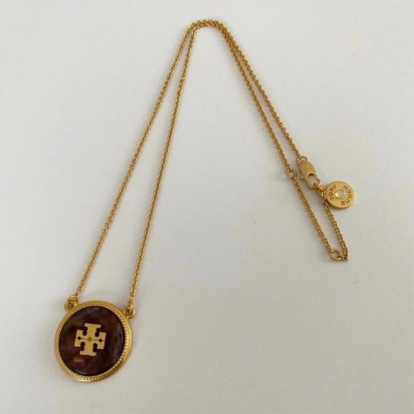 NWOT Tory Burch Semi-Precious Stone Gold Tone Logo Pendant Necklace - Picture 1 of 8